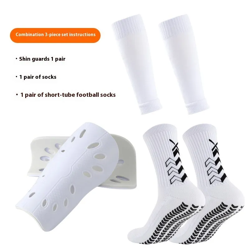 Thick below-the-knee long soccer shin guard set with non-slip socks and glue dispensing in multiple colours