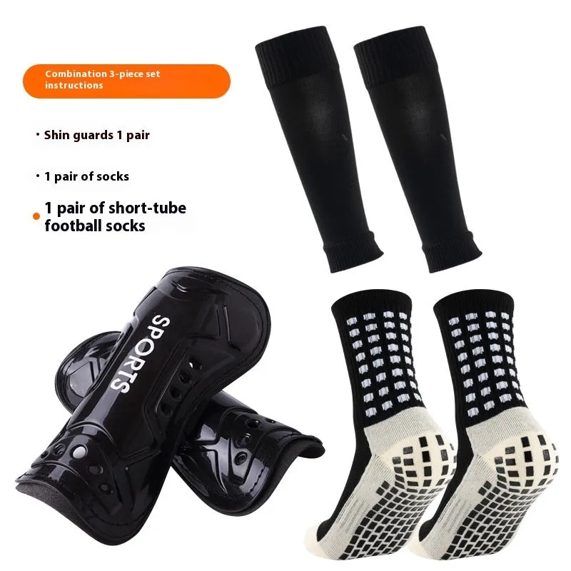 Thick below-the-knee long soccer shin guard set with non-slip socks and glue dispensing in multiple colours