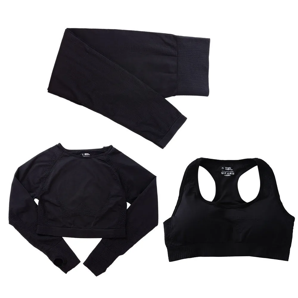 Three-piece yoga clothes set with bra, long sleeve top, and trousers in tight fit nylon blend fabric