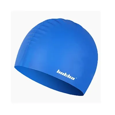 Silicone swimming cap with earmuff design in multiple colours featuring a printed letter pattern.