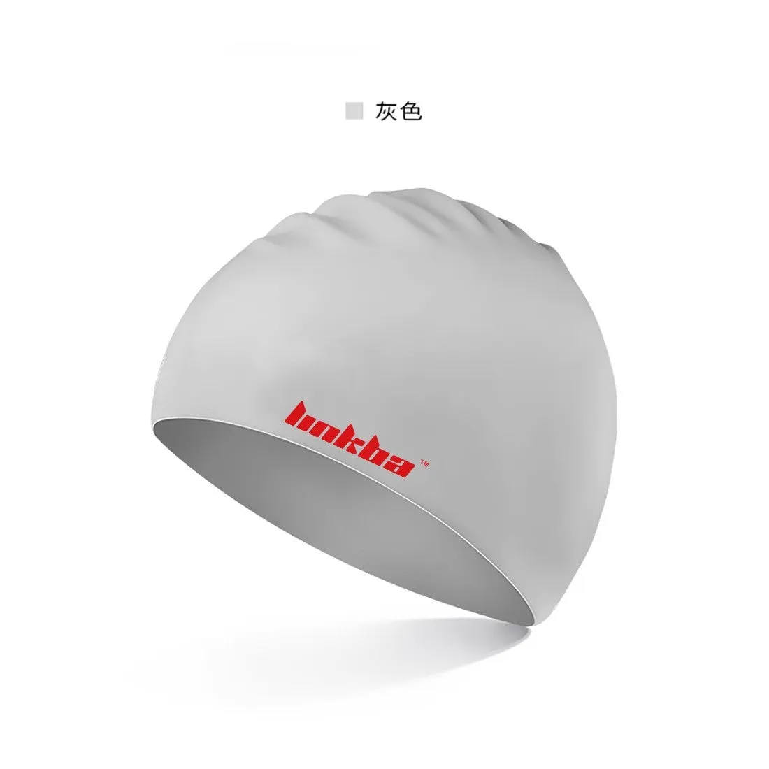 Silicone swimming cap with earmuff design in multiple colours featuring a printed letter pattern.