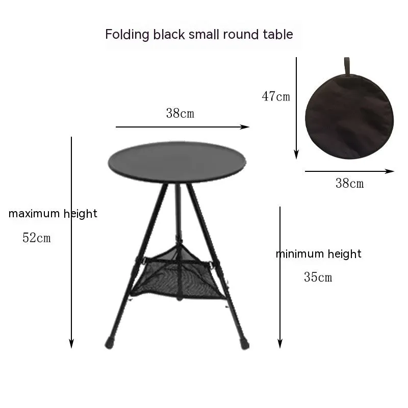 Outdoor camping folding aluminium alloy tripod round table with storage bag in matte black finish