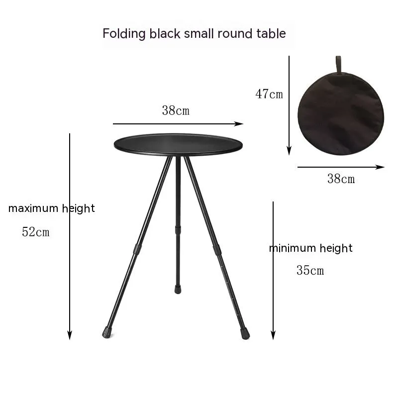 Outdoor camping folding aluminium alloy tripod round table with storage bag in matte black finish