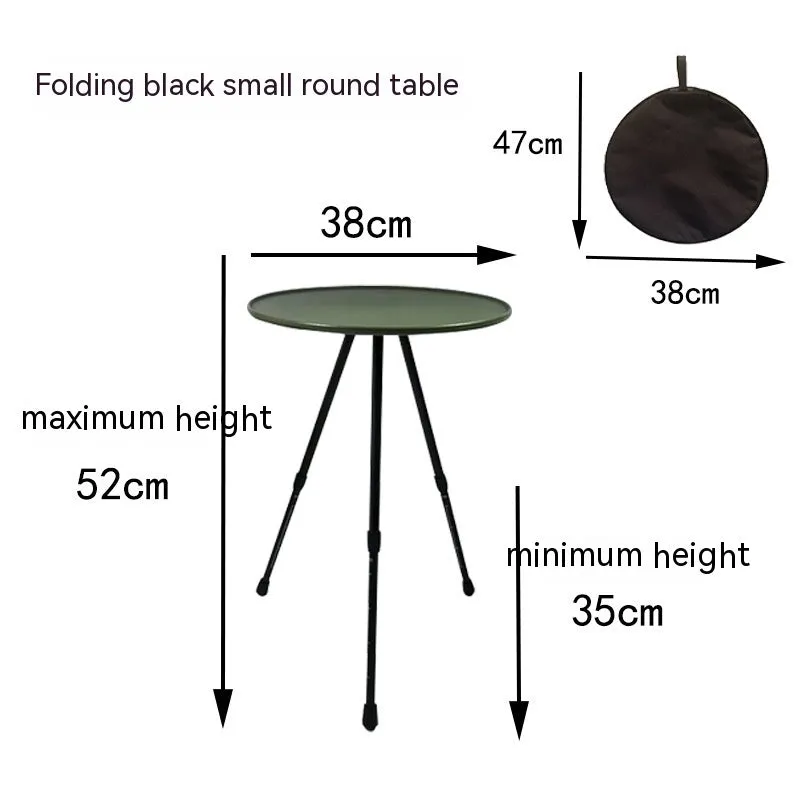 Outdoor camping folding aluminium alloy tripod round table with storage bag in matte black finish