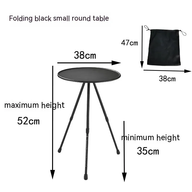 Outdoor camping folding aluminium alloy tripod round table with storage bag in matte black finish