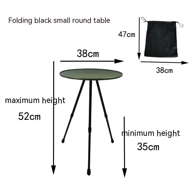Outdoor camping folding aluminium alloy tripod round table with storage bag in matte black finish