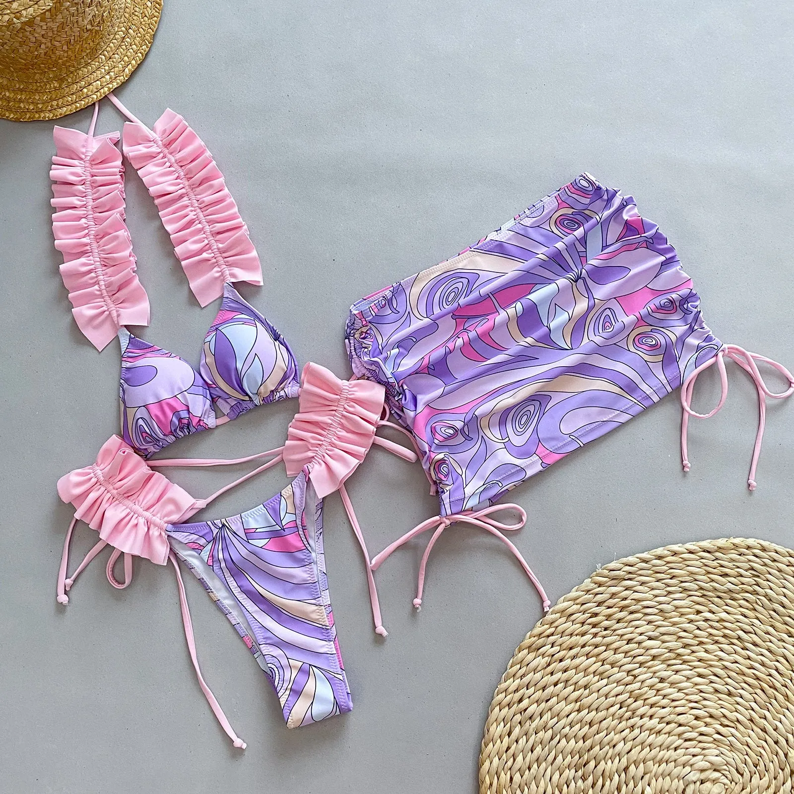 Women's pleated split bikini set in purple nylon and spandex, front view, size M