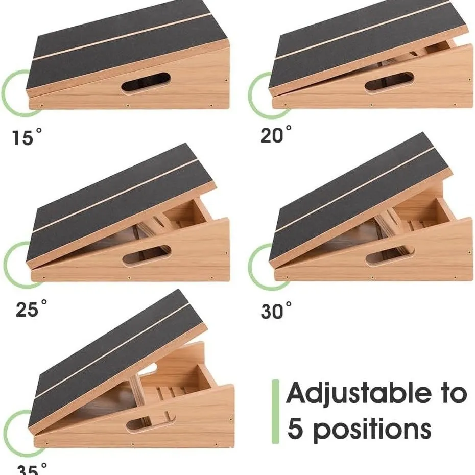 Wooden adjustable angle stretch board in wood colour on a gym floor