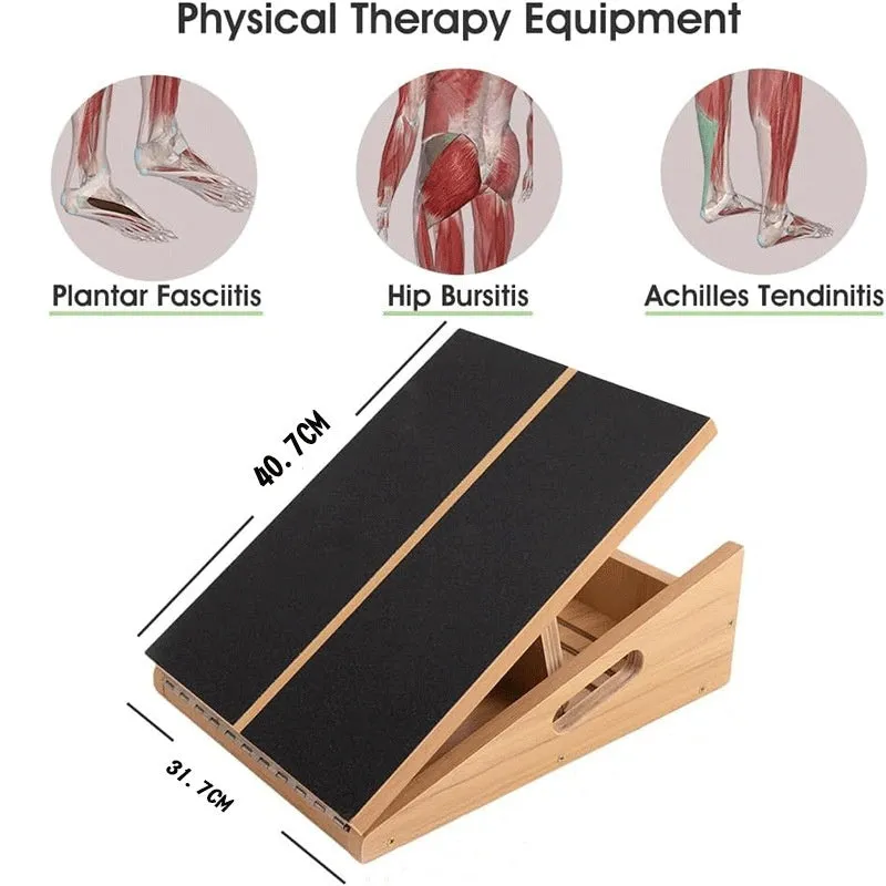 Wooden adjustable angle stretch board in wood colour on a gym floor