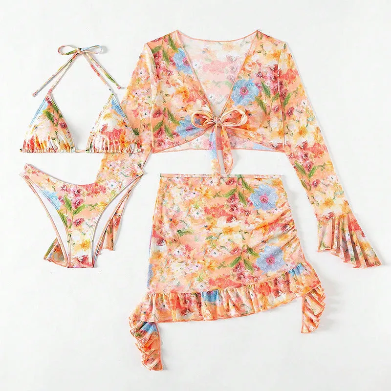 Women's bikini four-piece beach suit in printing colour polyester with conservative coverage, sizes XS to L
