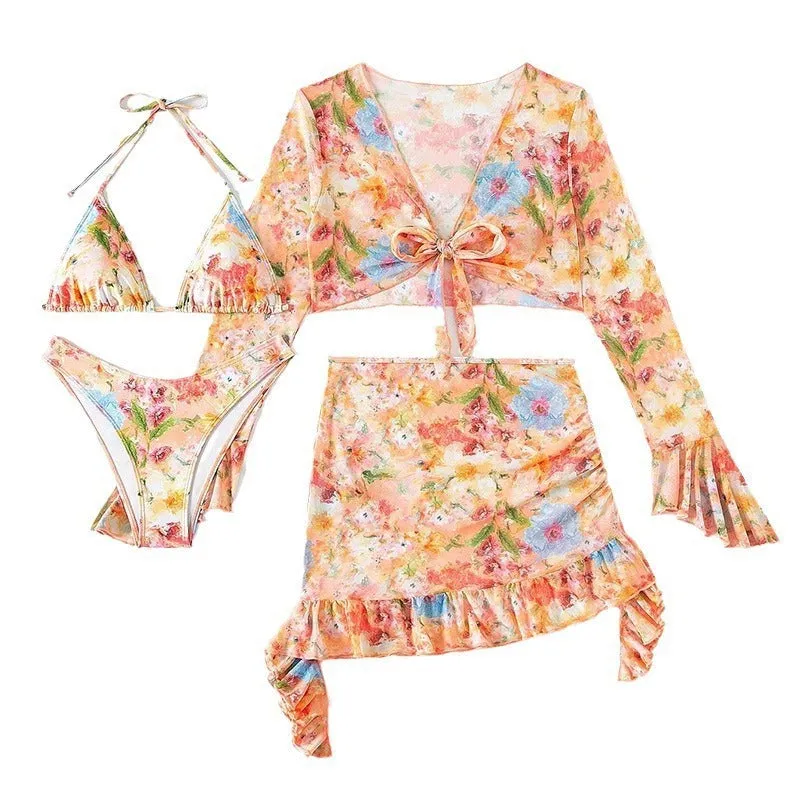 Women's bikini four-piece beach suit in printing colour polyester with conservative coverage, sizes XS to L