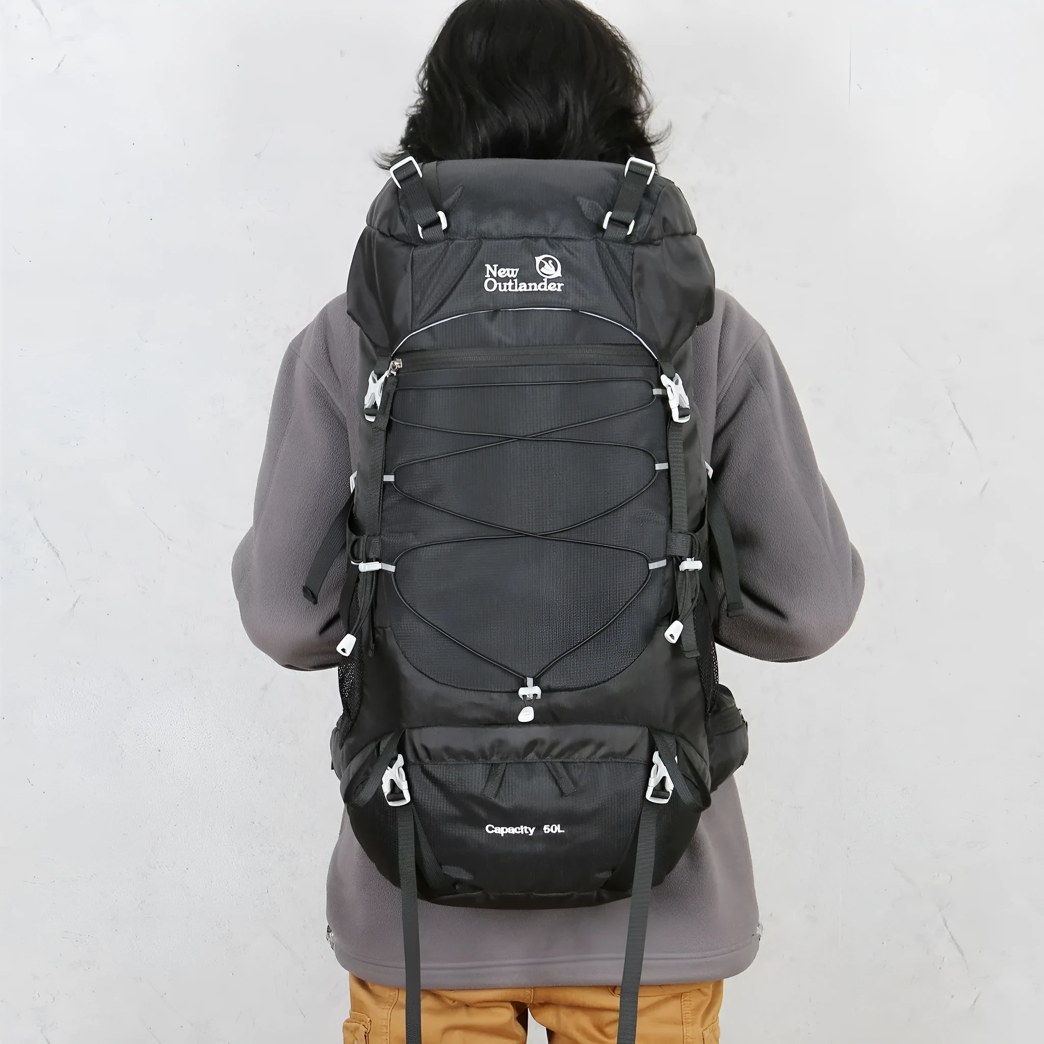50L nylon mountaineering backpack in army green for hiking and camping