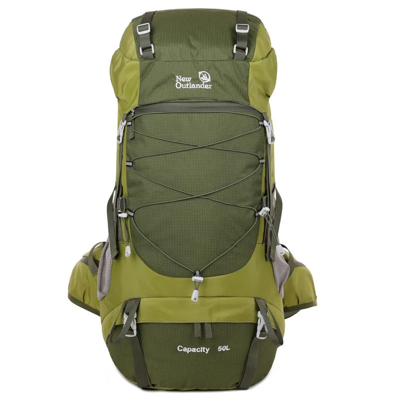 50L nylon mountaineering backpack in army green for hiking and camping