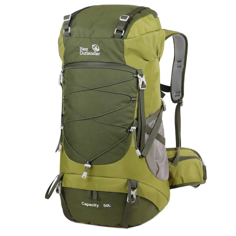 50L nylon mountaineering backpack in army green for hiking and camping