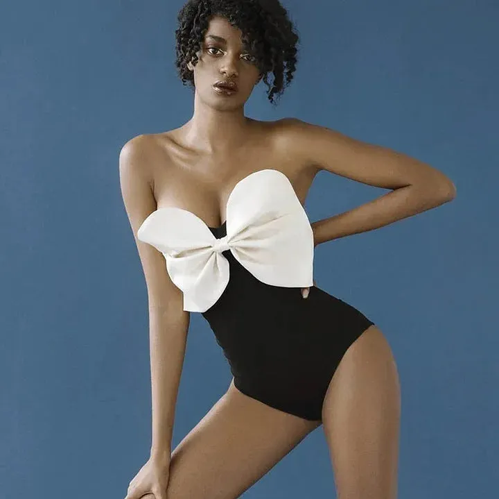 Black and white tube top bow one-piece swimsuit with high elasticity and quick-drying polyester lining