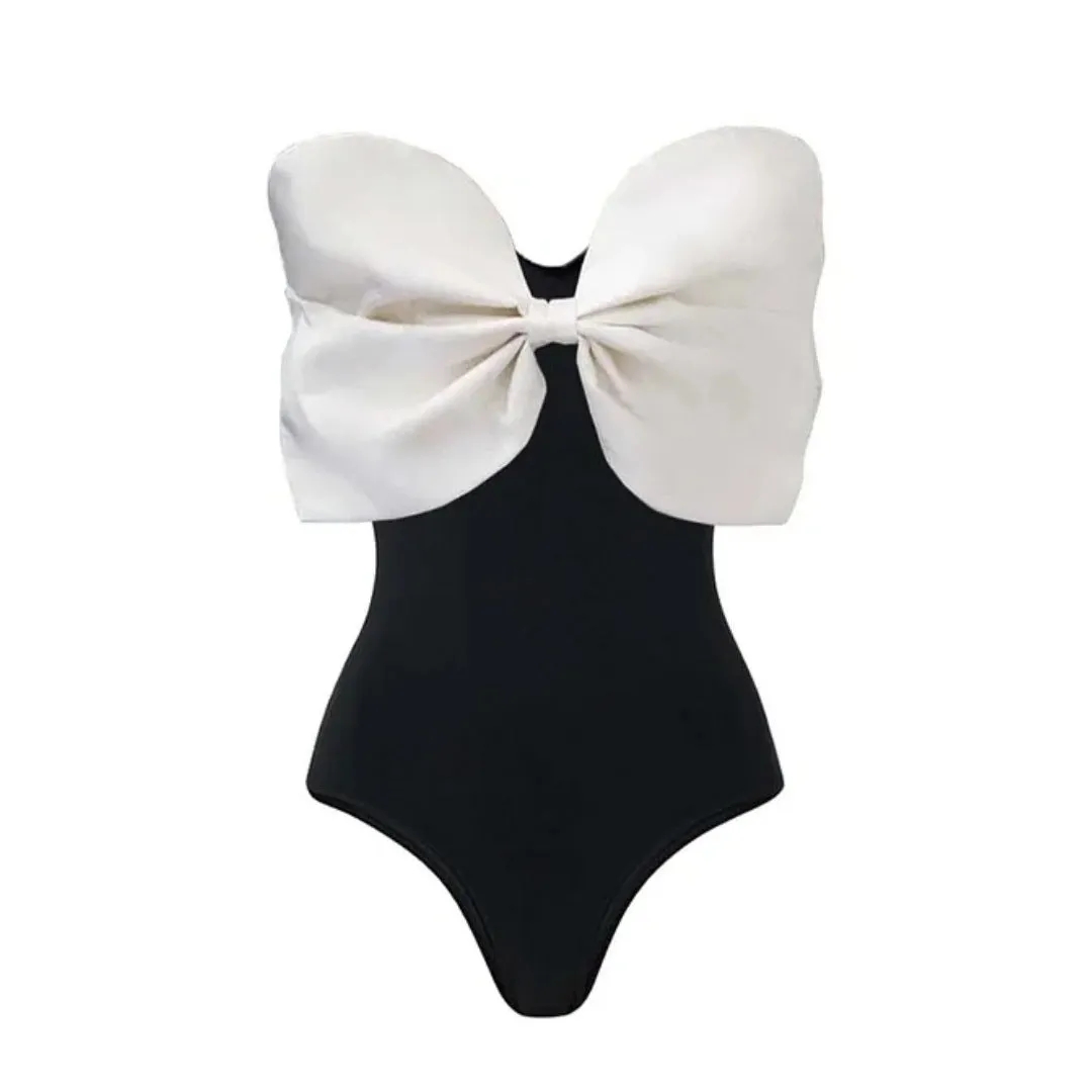 Black and white tube top bow one-piece swimsuit with high elasticity and quick-drying polyester lining