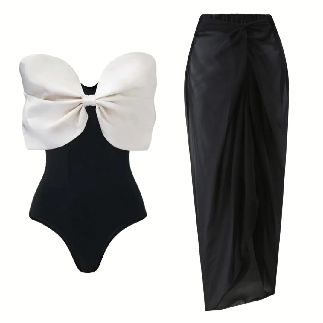 Black and white tube top bow one-piece swimsuit with high elasticity and quick-drying polyester lining