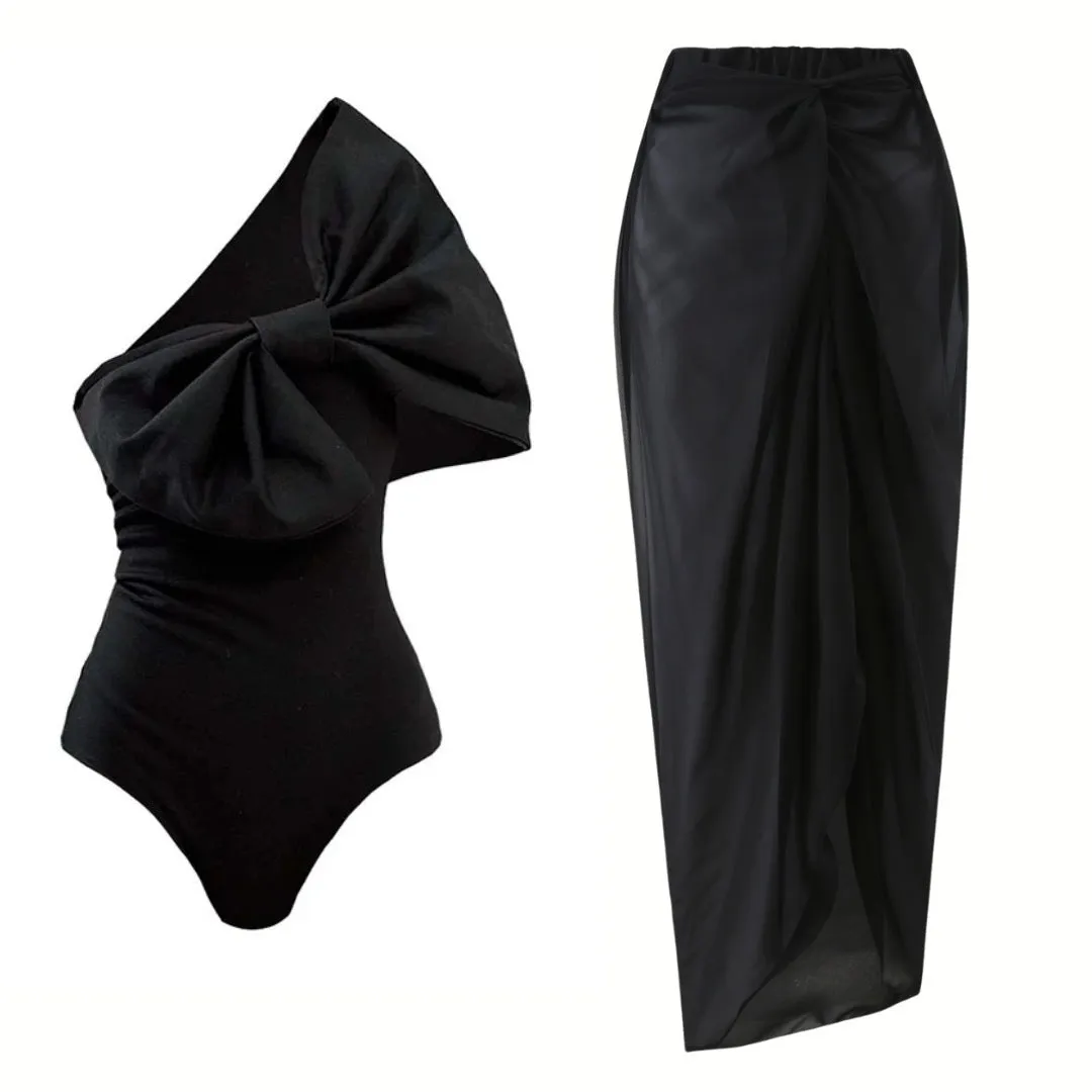 Black and white tube top bow one-piece swimsuit with high elasticity and quick-drying polyester lining
