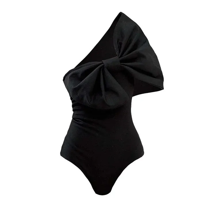 Black and white tube top bow one-piece swimsuit with high elasticity and quick-drying polyester lining