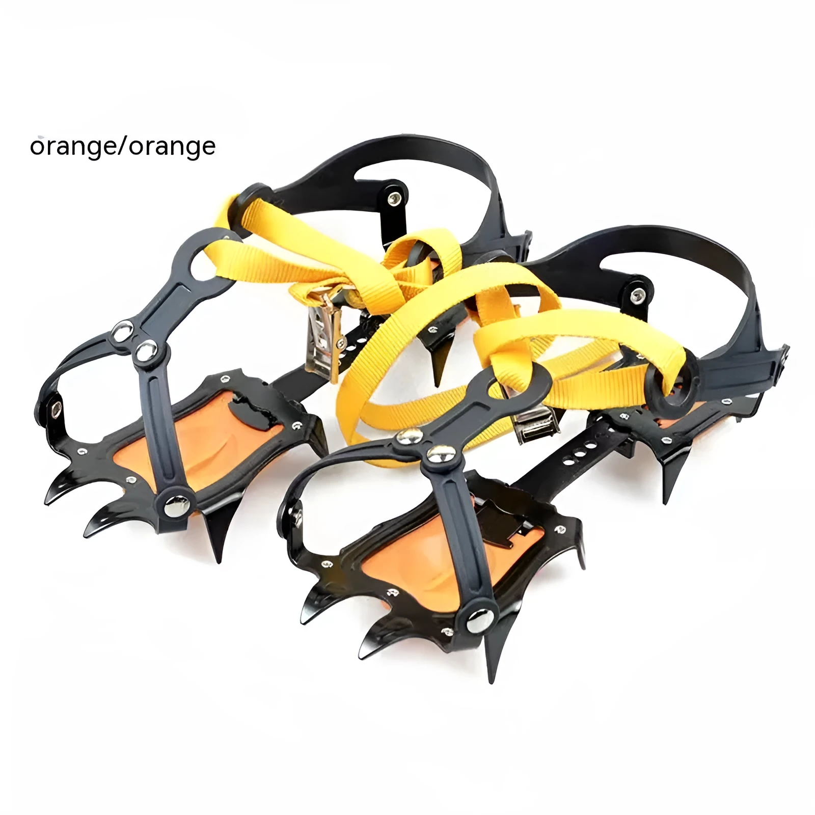 Pair of orange steel ten-teeth non-slip shoe cover crampons for snow ice traction