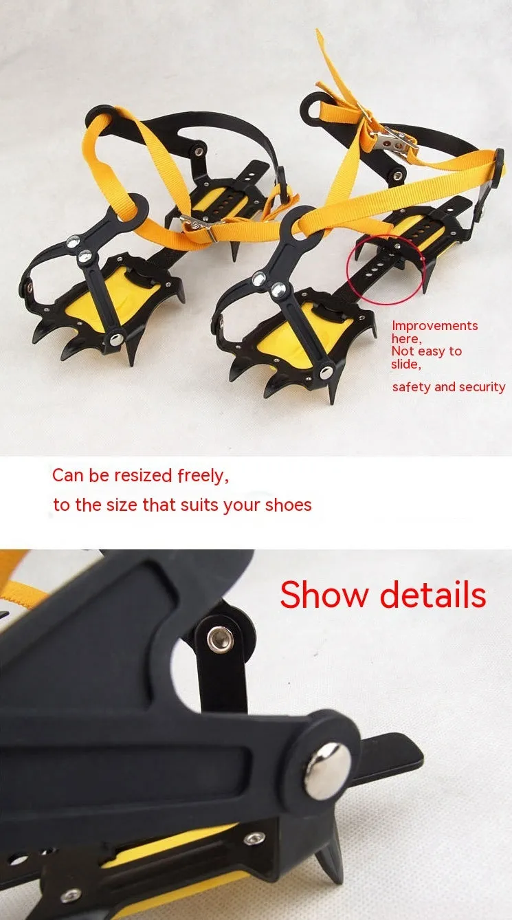 Pair of orange steel ten-teeth non-slip shoe cover crampons for snow ice traction