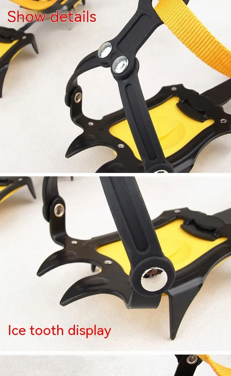 Pair of orange steel ten-teeth non-slip shoe cover crampons for snow ice traction