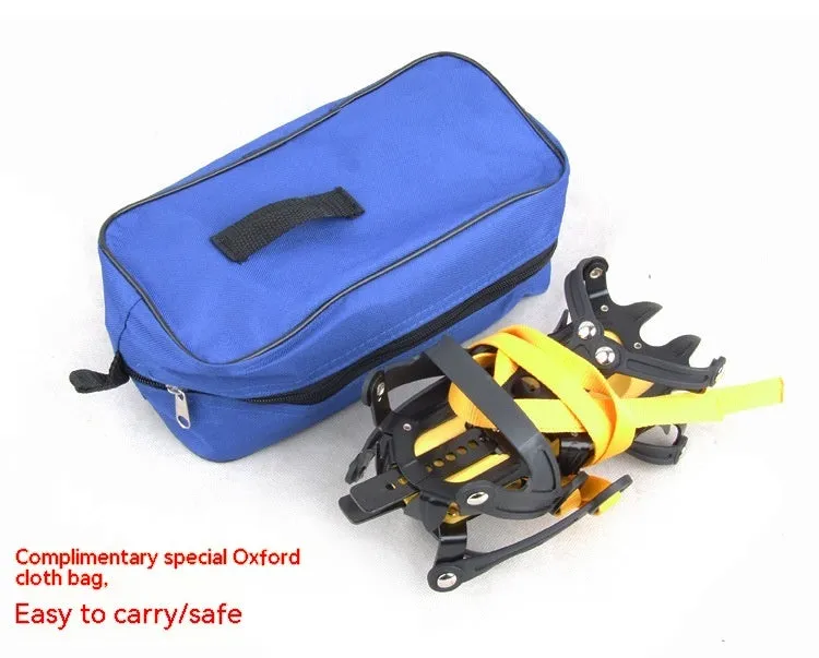 Pair of orange steel ten-teeth non-slip shoe cover crampons for snow ice traction