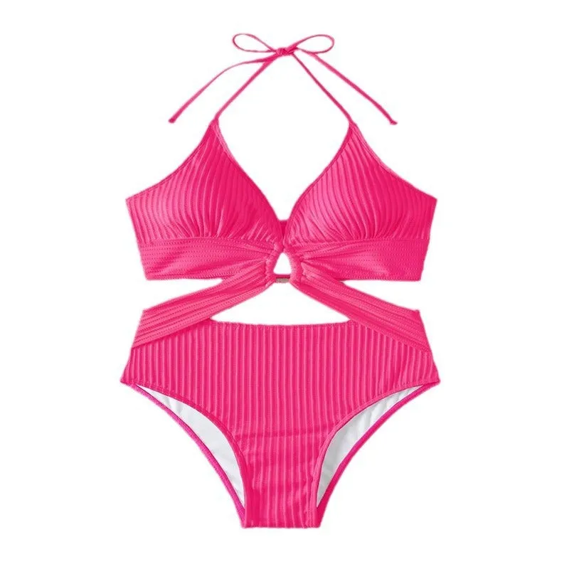 Women's solid colour one piece swimsuit in polyester, available in black, rose red, and white, sizes S to XL.
