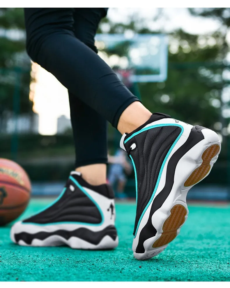 Men's high-top basketball shoes in AJ13 white red colourway with thick rubber sole and mesh upper.