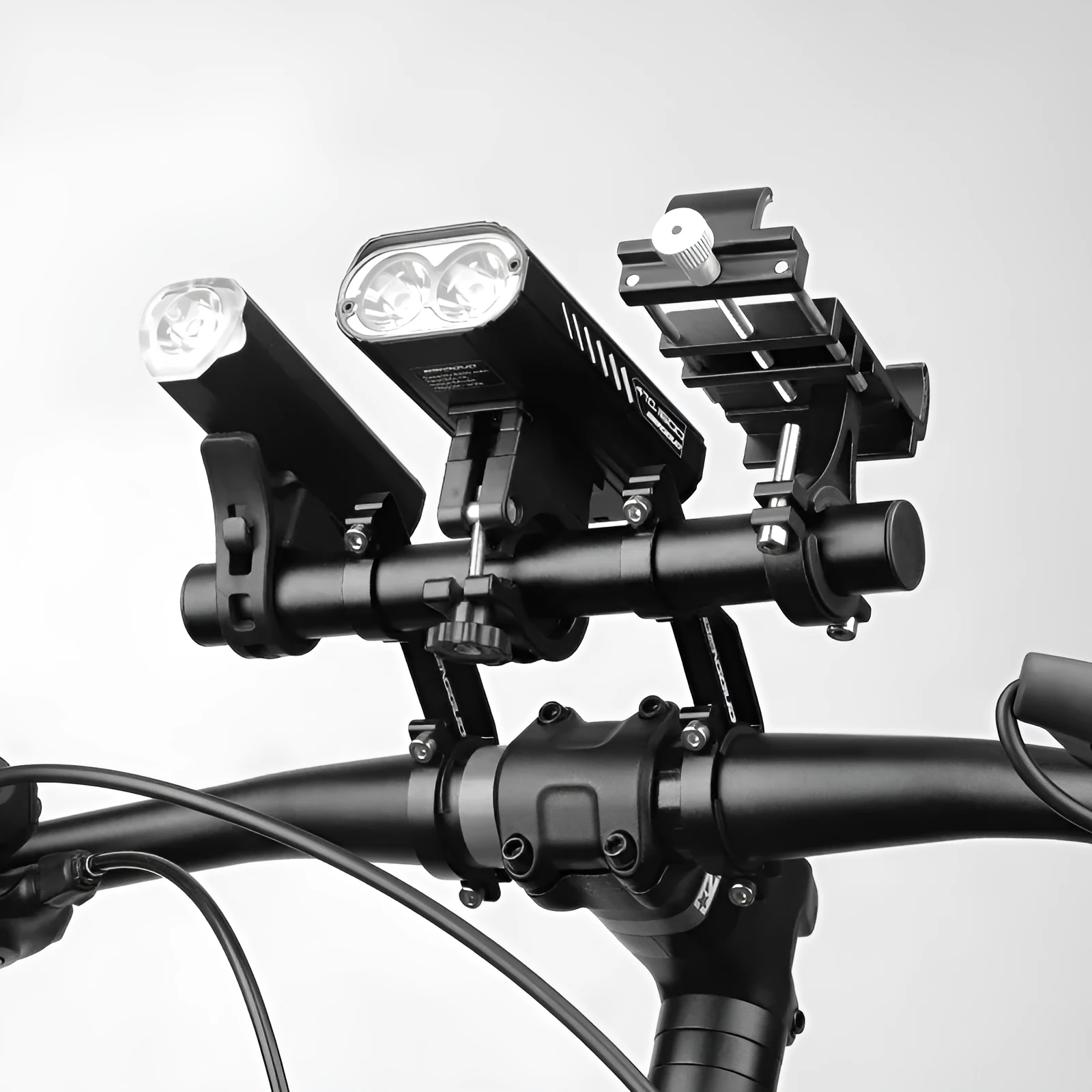 Bicycle aluminium alloy extension bracket for handlebars in black finish on a mountain bike