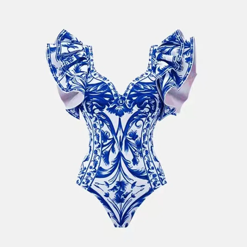 Women's printed one-piece swimsuit in polyester fabric available in multiple colours and sizes.