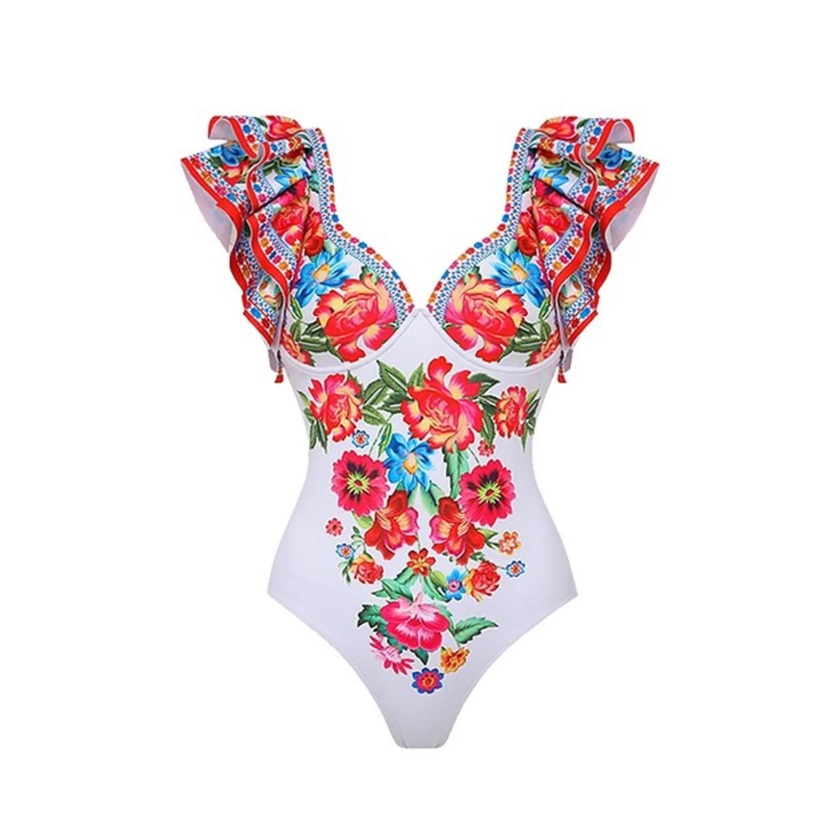 Women's printed one-piece swimsuit in polyester fabric available in multiple colours and sizes.