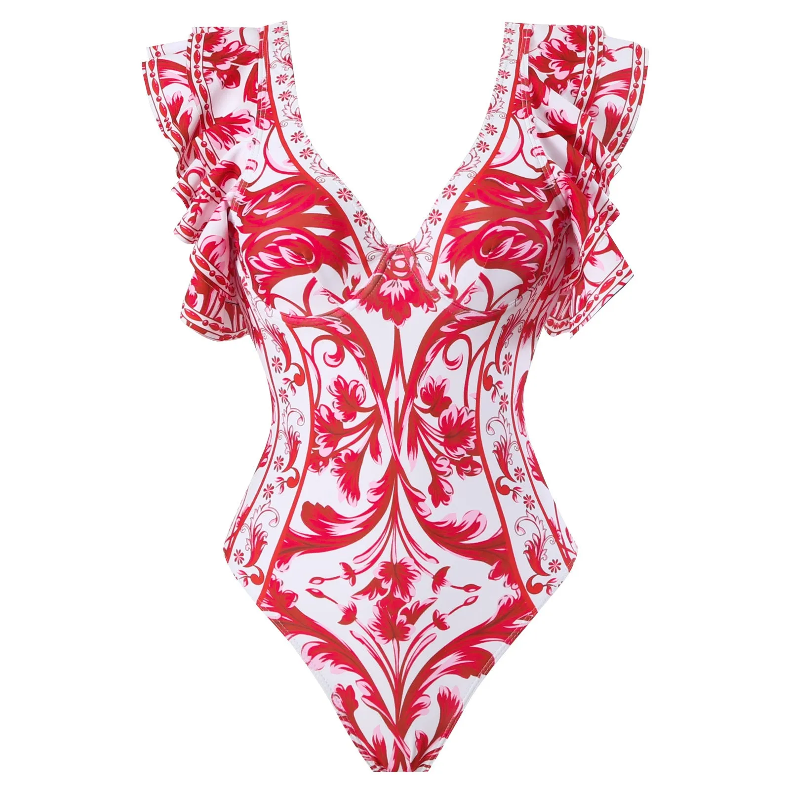 Women's printed one-piece swimsuit in polyester fabric available in multiple colours and sizes.