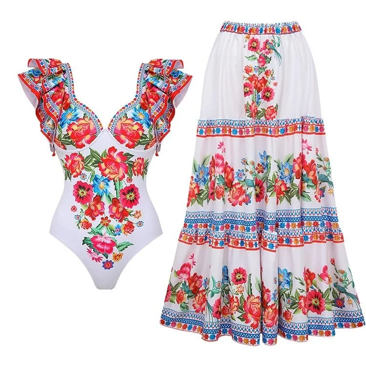 Women's printed one-piece swimsuit in polyester fabric available in multiple colours and sizes.