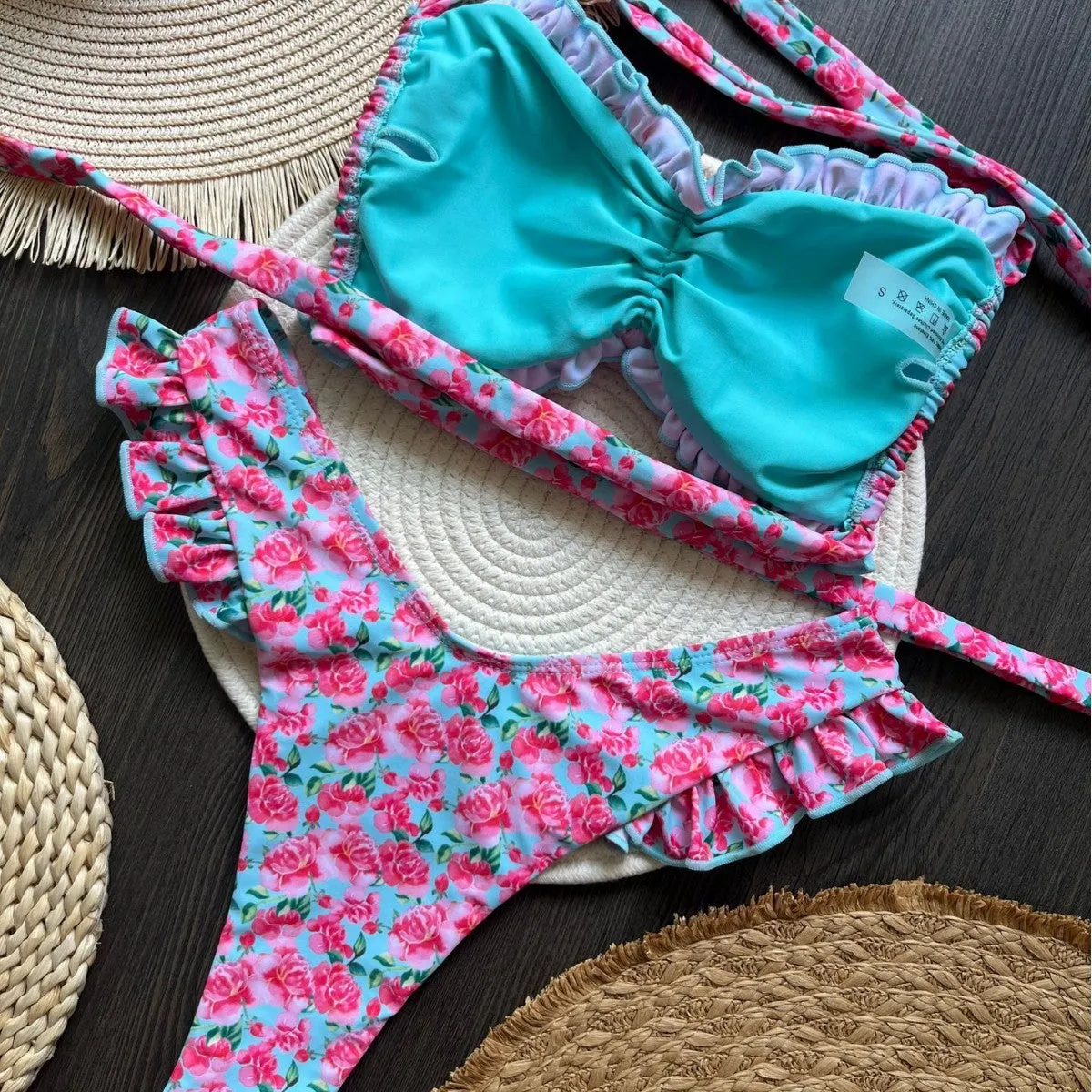 Women's printed low waist lace-up bikini suit in colour P099D with floral pattern