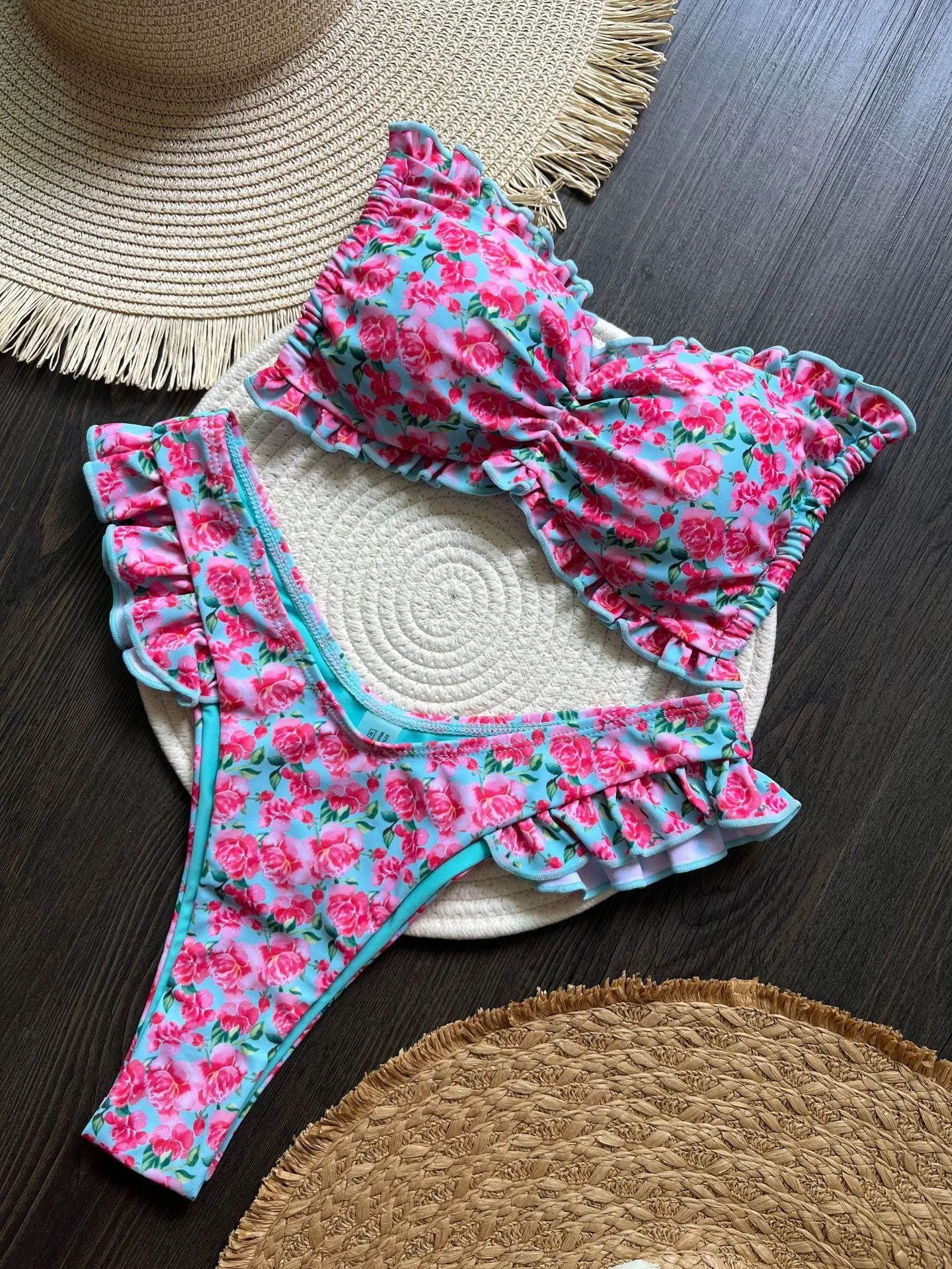Women's printed low waist lace-up bikini suit in colour P099D with floral pattern