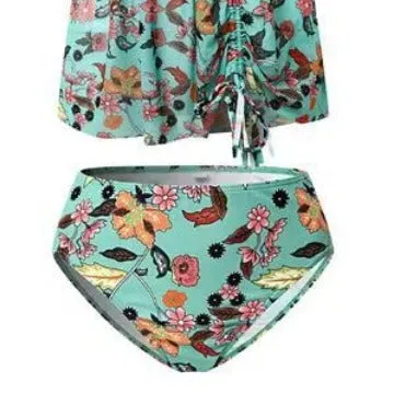 Conservative one-piece floral swimsuit in emerald green polyester with sleeveless design, available in sizes S to XXL