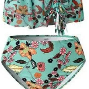 Conservative one-piece floral swimsuit in emerald green polyester with sleeveless design, available in sizes S to XXL
