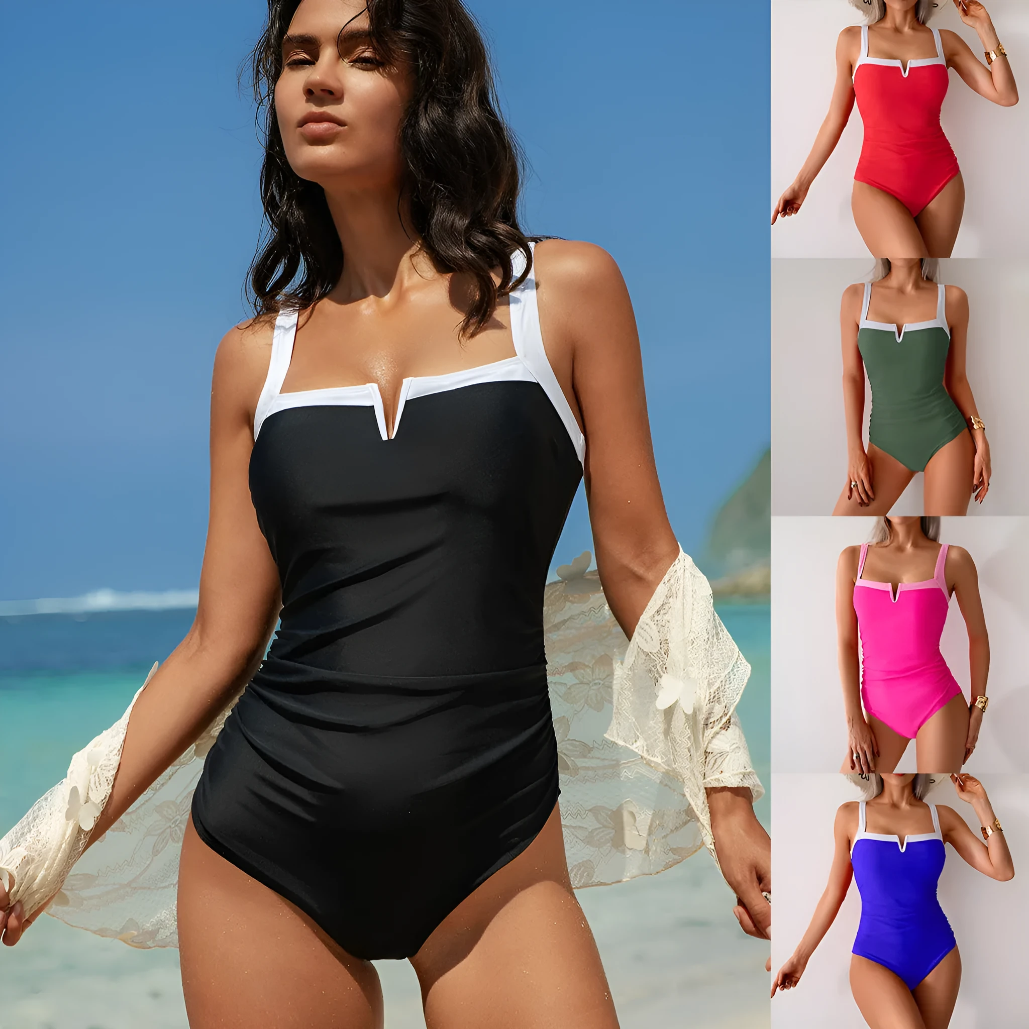 Women's one-piece nylon swimsuit in black and white colourway, sleeveless design
