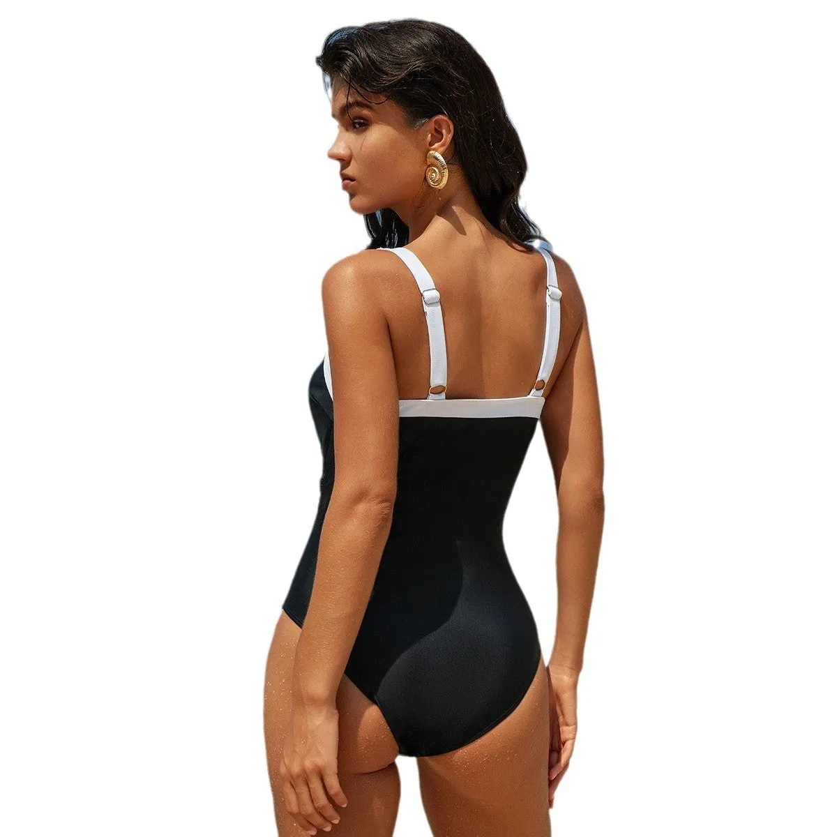 Women's one-piece nylon swimsuit in black and white colourway, sleeveless design