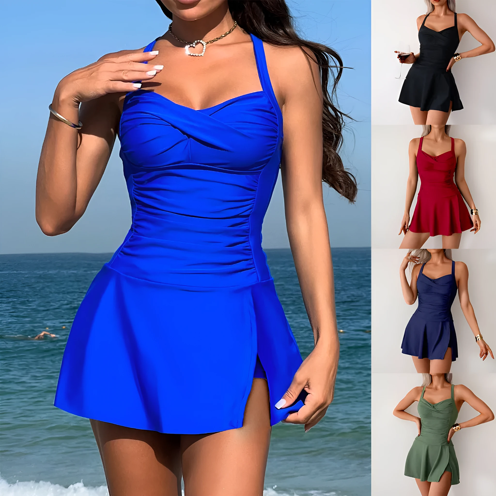 Summer split skirt style swimsuit for women, plus size sleeveless nylon swimwear, black colour option, front view