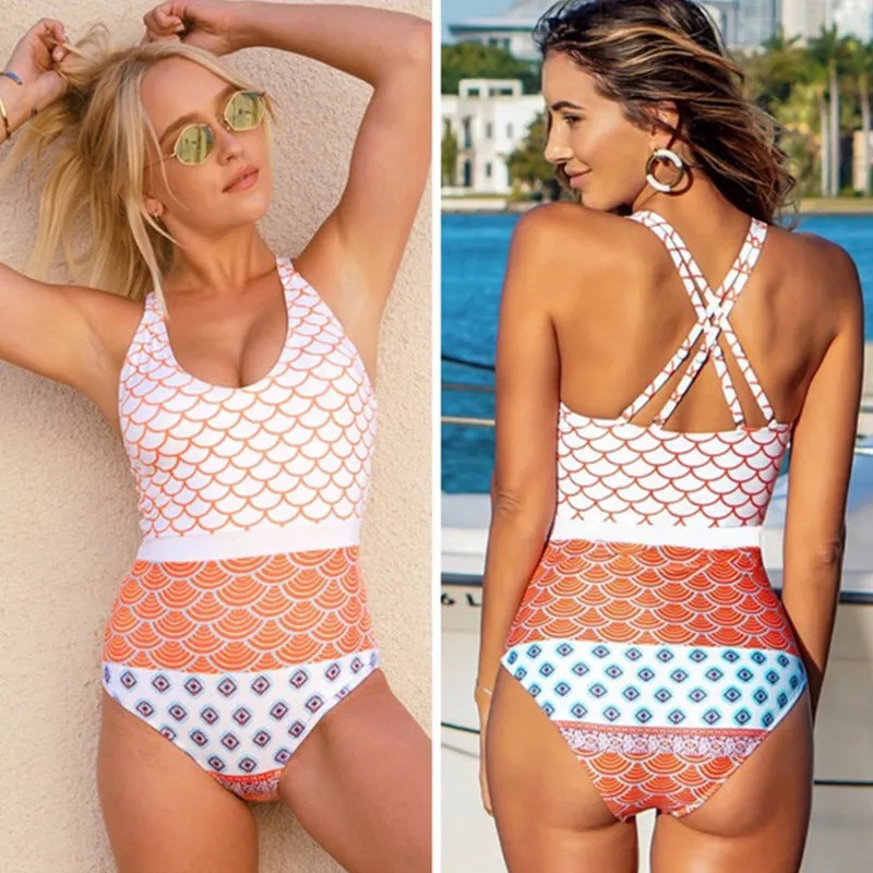 Ladies conservative printed cross bikini with flower pattern in multiple colour options, polyester fabric, brief style