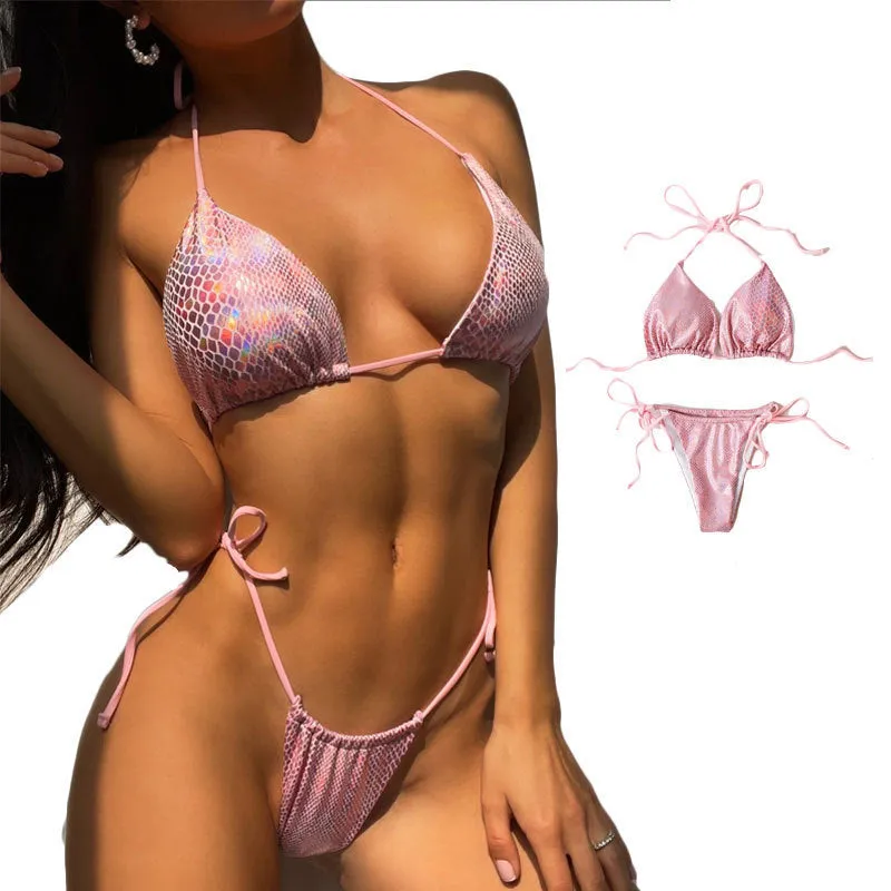 Women's solid colour backless bikini set in gold, made from polyester fibre, size S M L