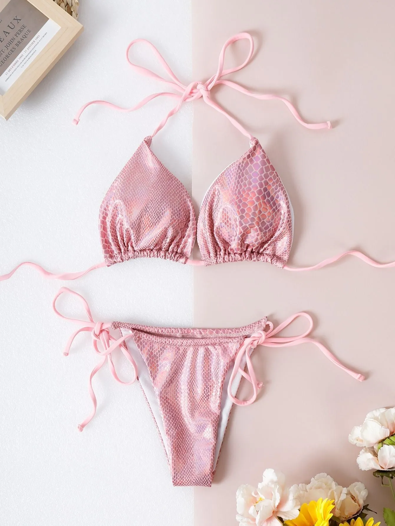 Women's solid colour backless bikini set in gold, made from polyester fibre, size S M L