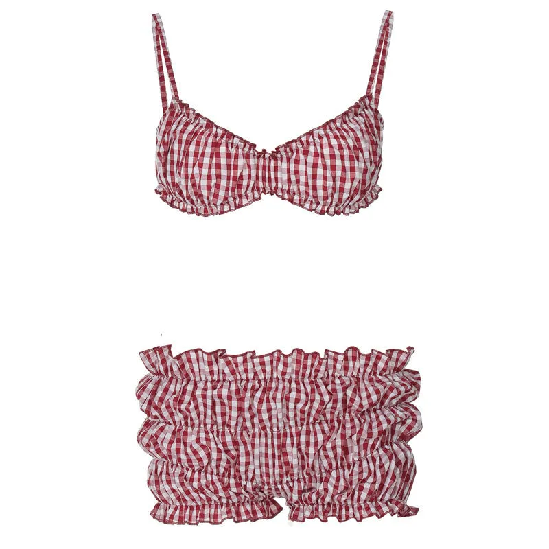 Women's red European American plaid high waist bikini set with cotton fabric and contrast colour printing