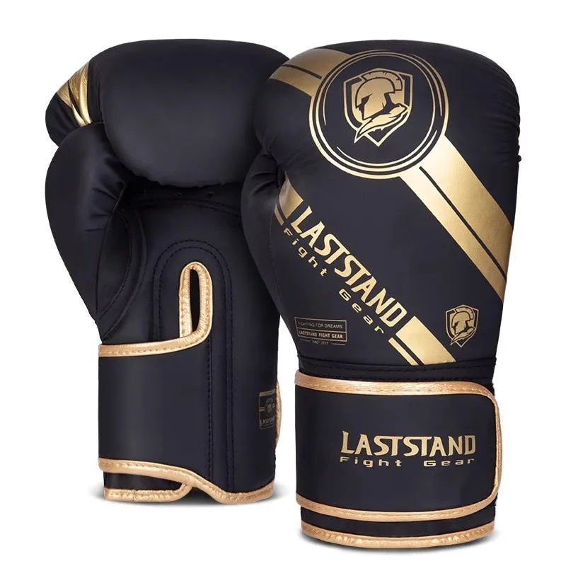 Pair of professional breathable PU leather boxing gloves in black gold colour, vertical style, sizes 6oz to 12oz