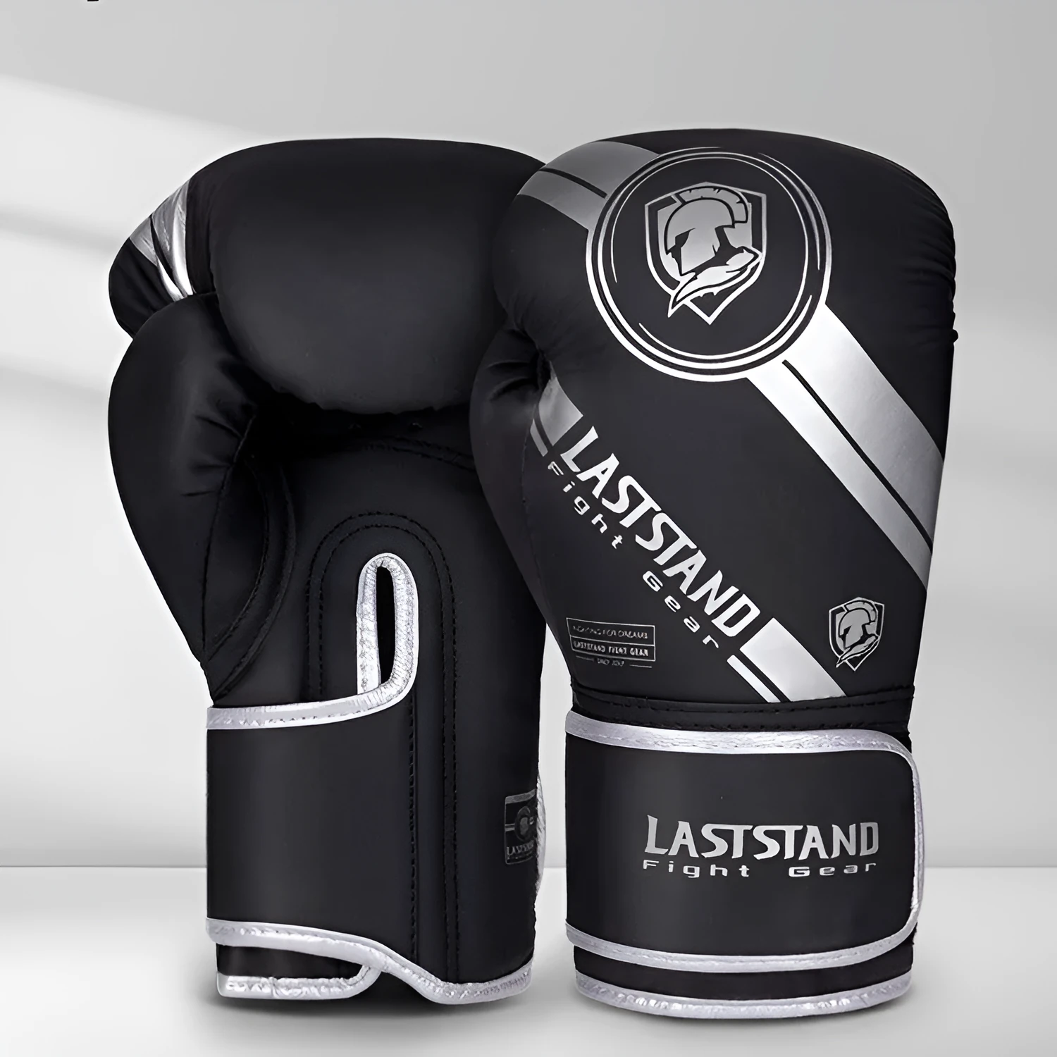 Pair of professional breathable PU leather boxing gloves in black gold colour, vertical style, sizes 6oz to 12oz