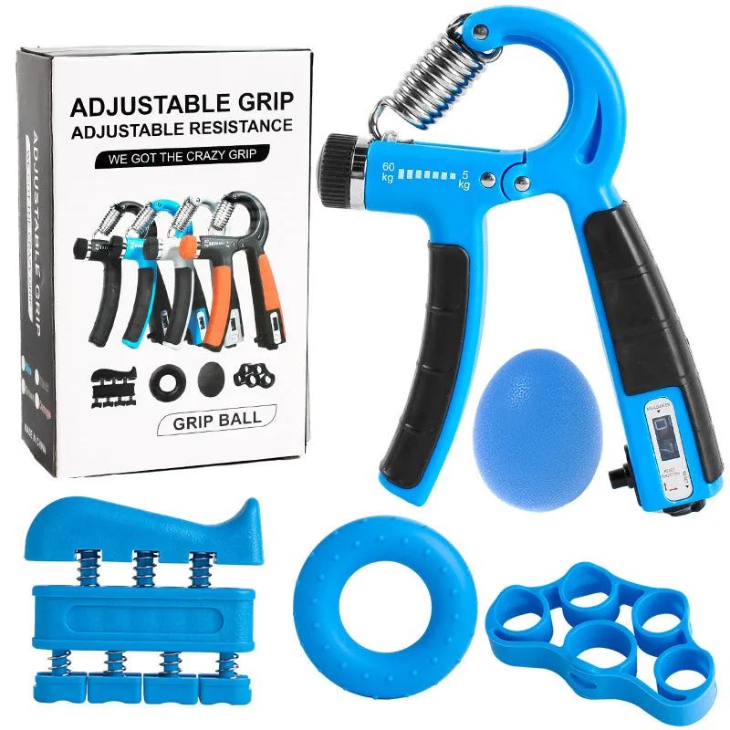Adjustable count spring grip five-piece set with black and blue hand trainers on a white background