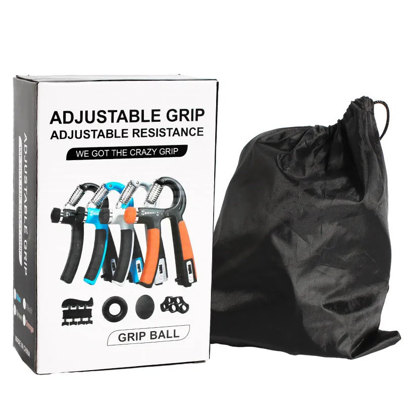 Adjustable count spring grip five-piece set with black and blue hand trainers on a white background