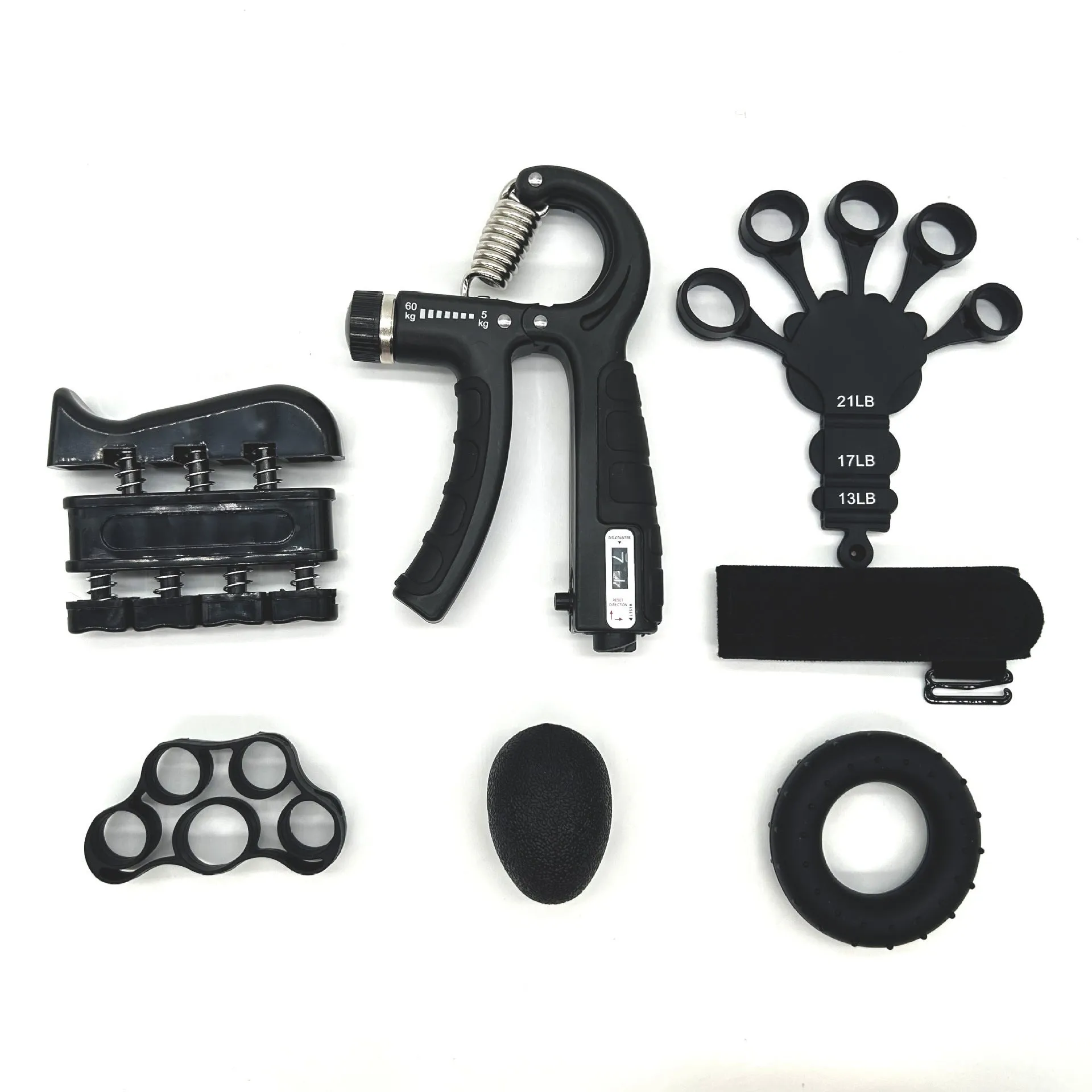 Adjustable count spring grip five-piece set with black and blue hand trainers on a white background